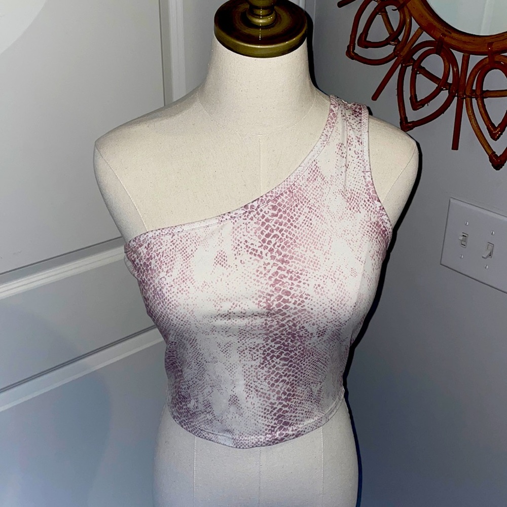 Blush pink snakeskin print one shoulder crop top by Peach Loue California